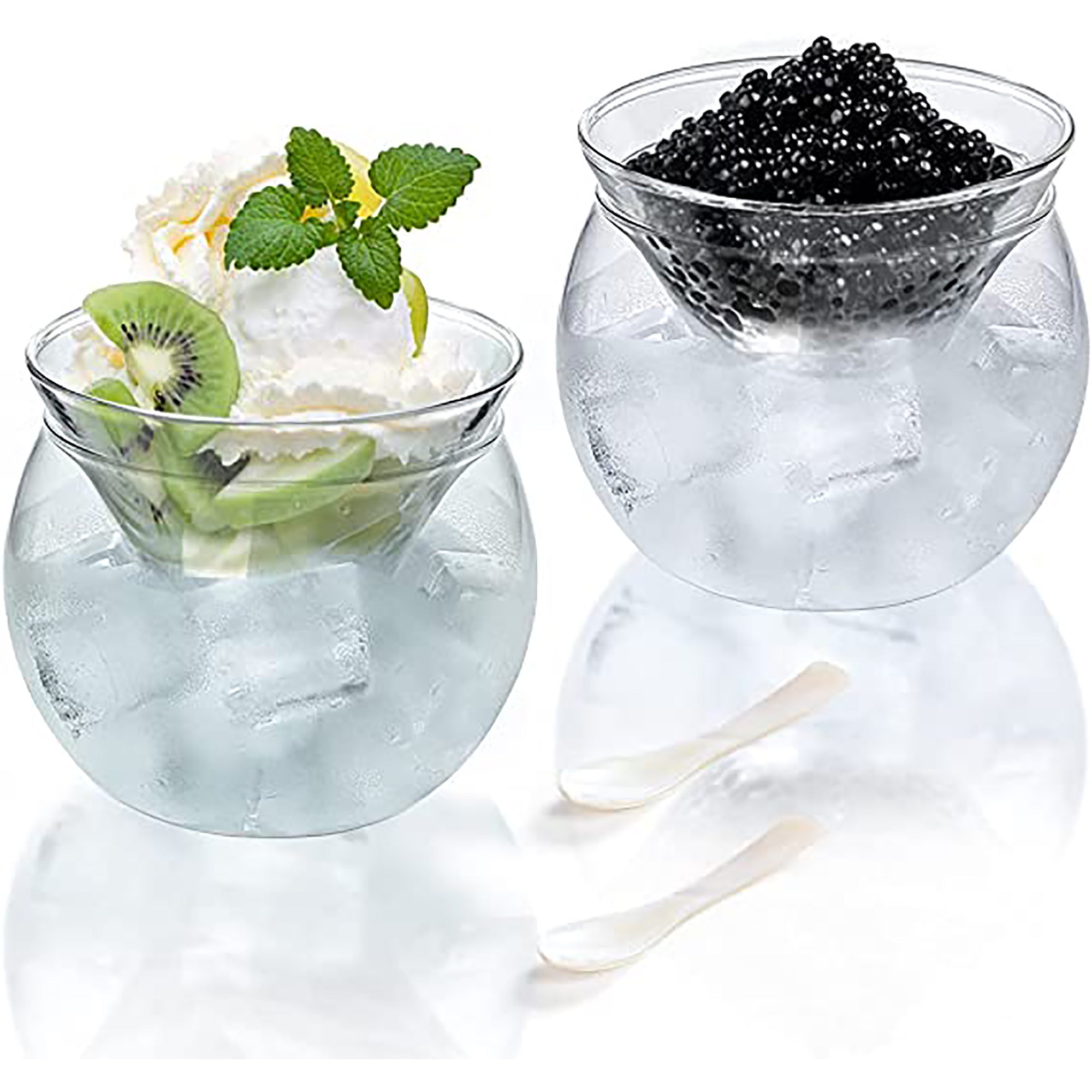 Caviar Glass Chiller Server Set Plus 2 pcs. x Mother of Pearl Caviar Spoon 3" – Universal Martini, Wine, Liquor Cocktail Chiller