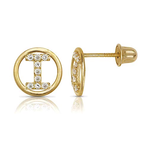 14K Gold Circle CZ Initial Sweirl Stud Earrings