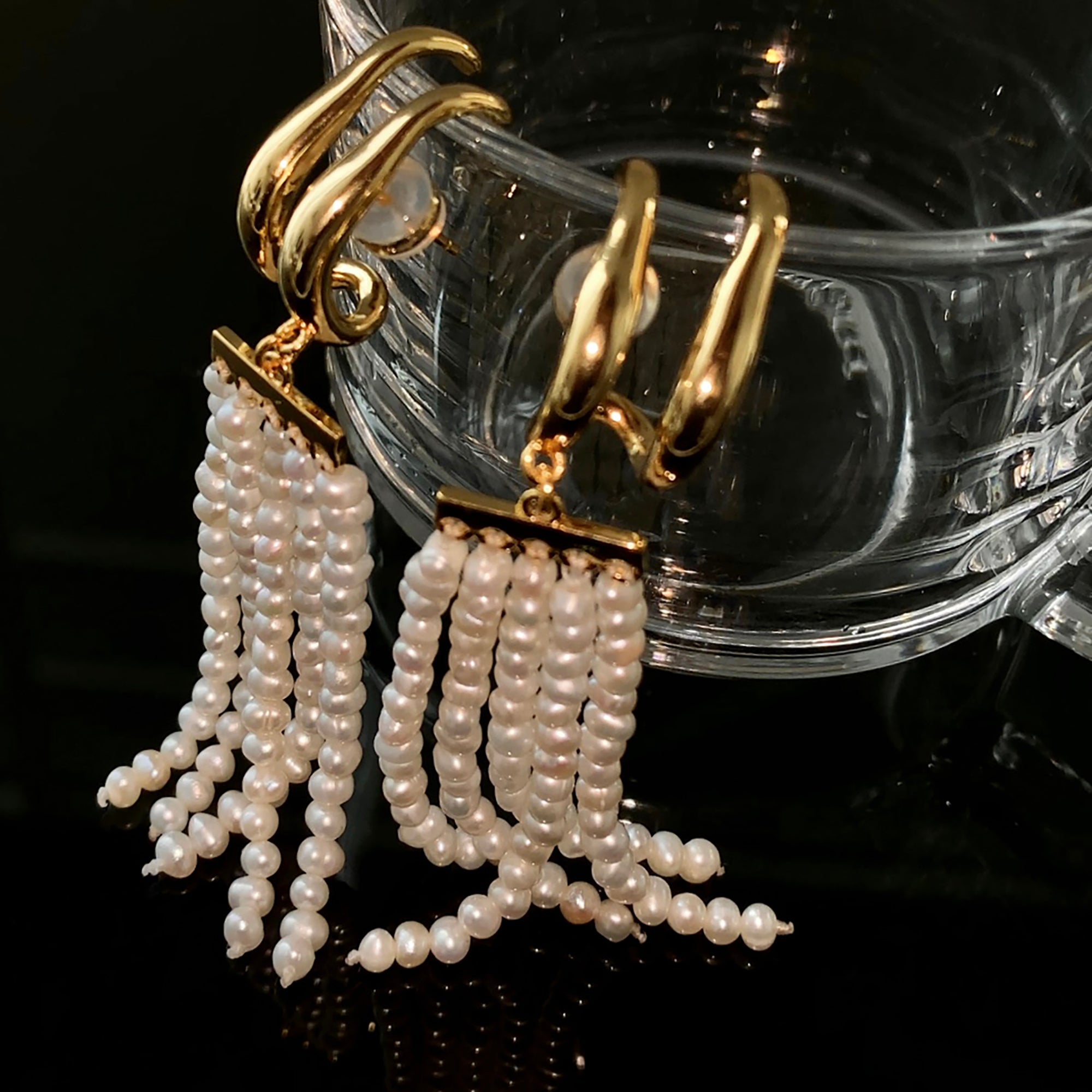 18K Gold Plated Pearl Tassels Suspender Earrings gift holiday