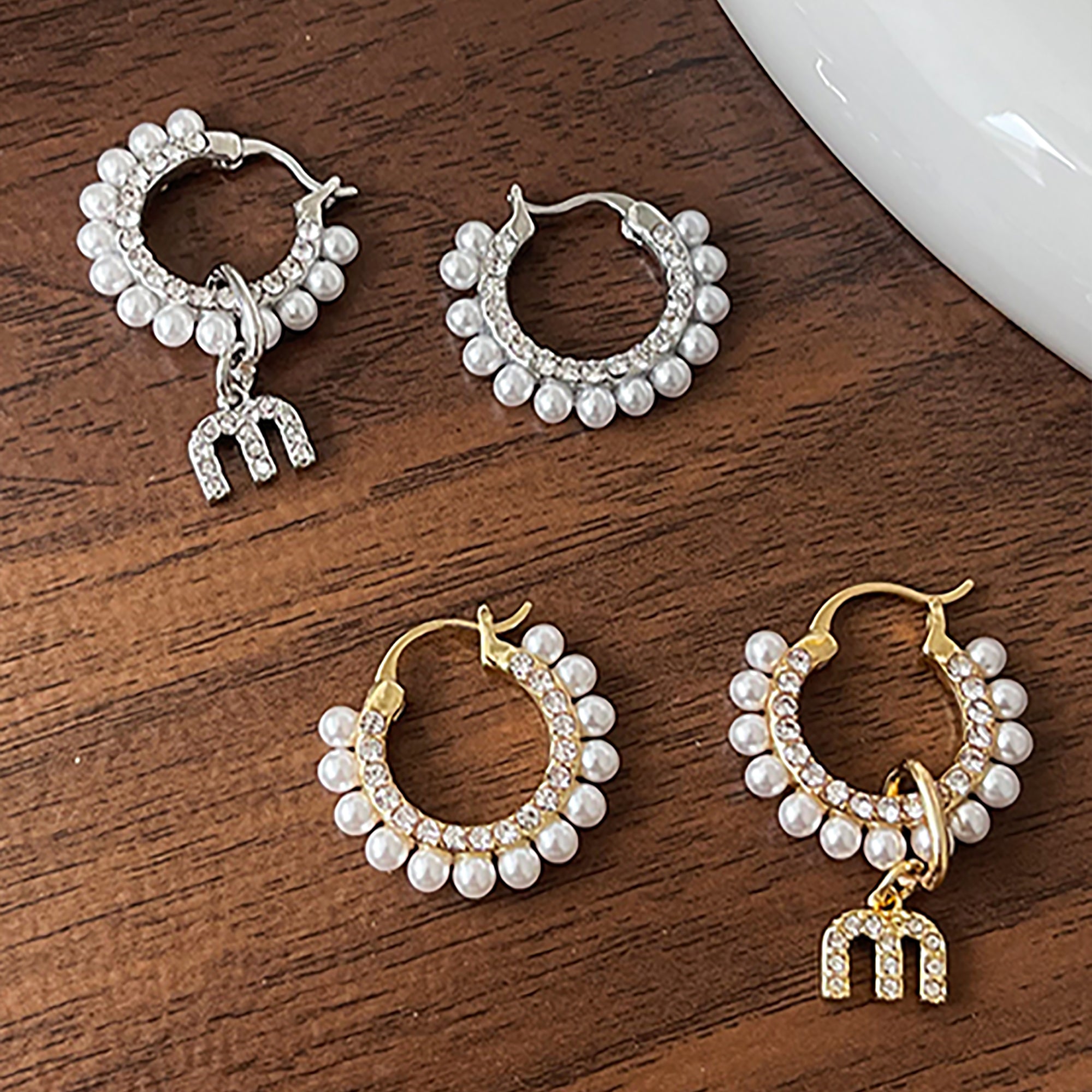 Handmade Gold Plated Pearl CZ Hoop w/ letter initial dangle Earrings Valentine Day Gift Mother's Day