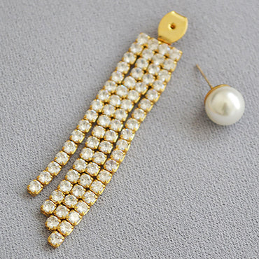 18K Gold Plated Pearl w/ CZ Tassels Double Side Earrings