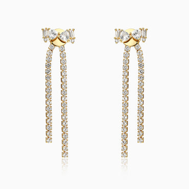 18K Gold Plated w/ Quality CZ Double Side Bow Link Fringe Earrings Valentine Day Gift