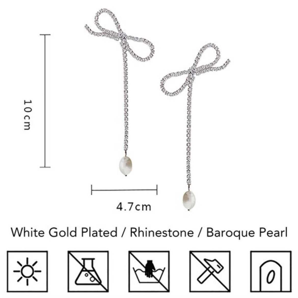 White Gold Plated w/ Rhinestone / Pearl Bow Earrings gift holiday