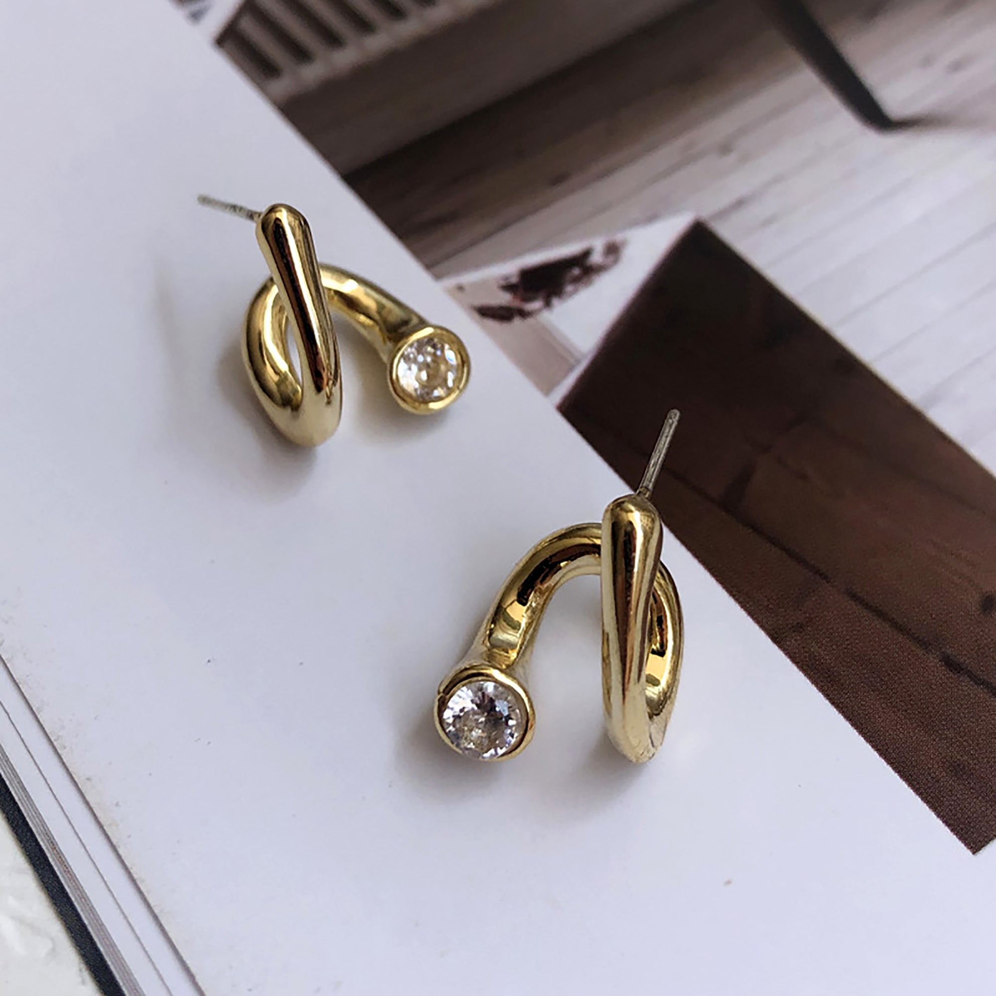 Gold Plated w/ CZ Deco Suspender Ear Cuff Earrings Valentine Day Gift Anniversary birthday wedding