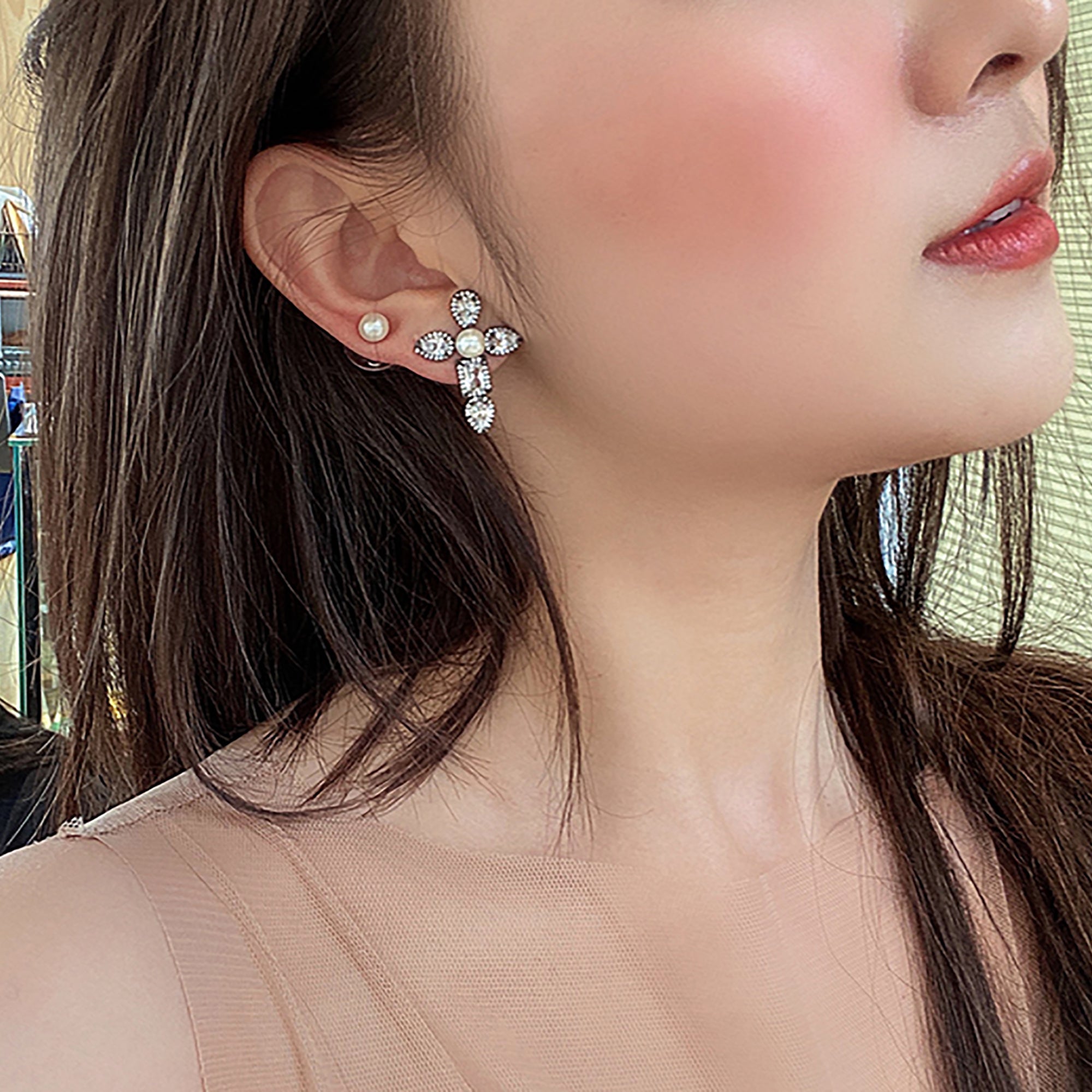White Gold Plated w/ CZ Pearl Cross Stud Earrings Valentine Day Gift birthday party anniversary