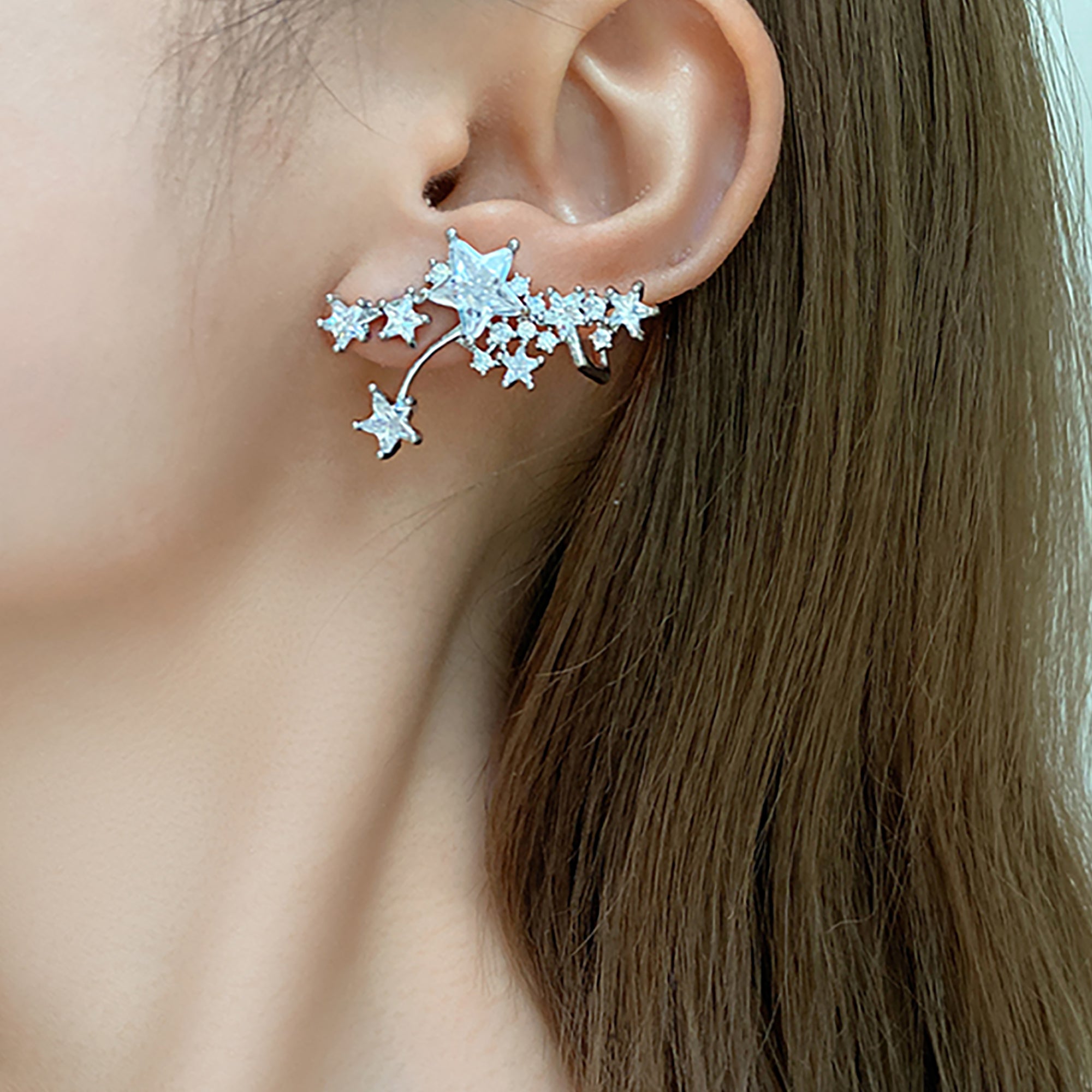 White Gold Plated w/ CZ Star Ear Cuff Earrings Valentine Day Gift birthday party anniversary