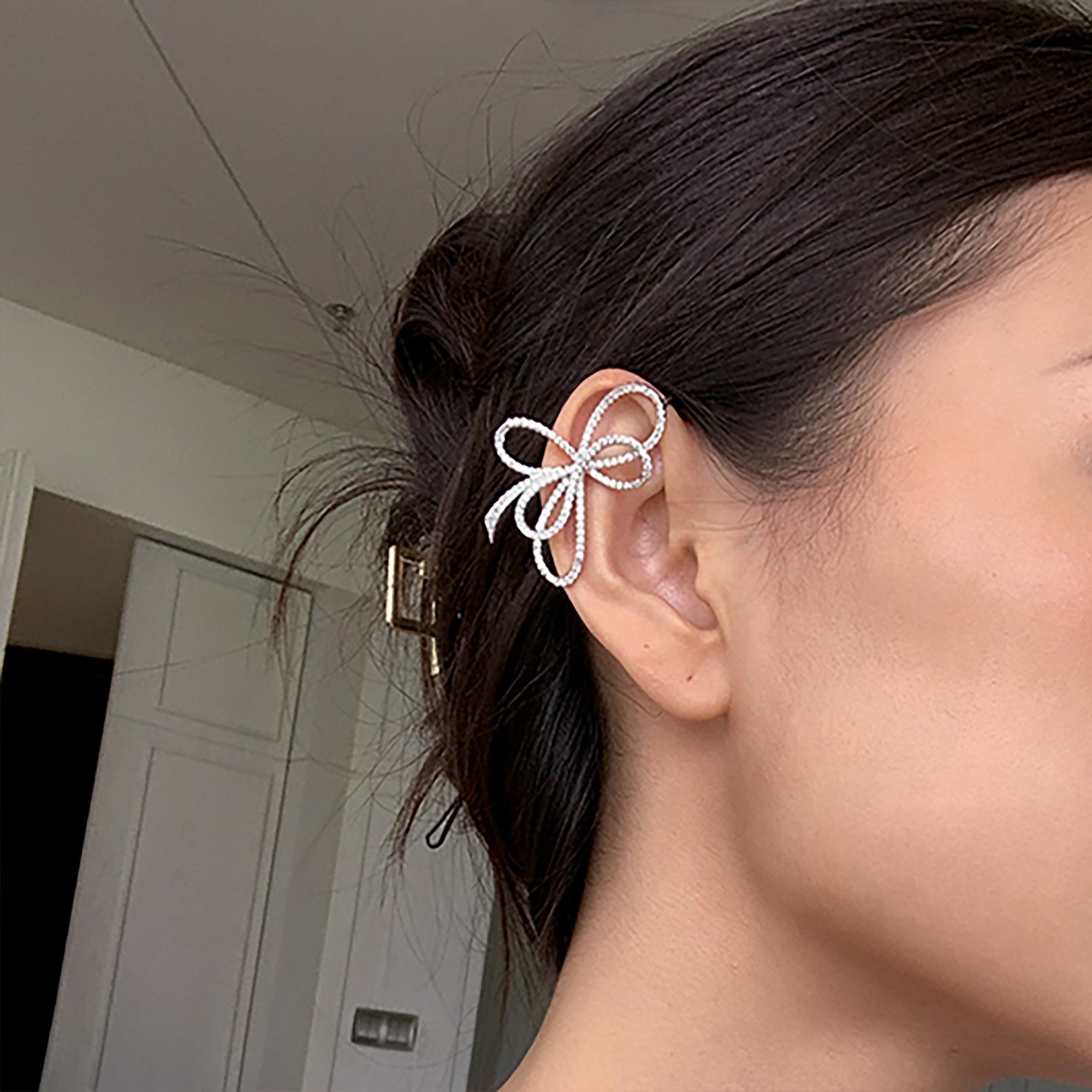 White Gold Plated CZ Asymmetry Ear Cuff / Earrings