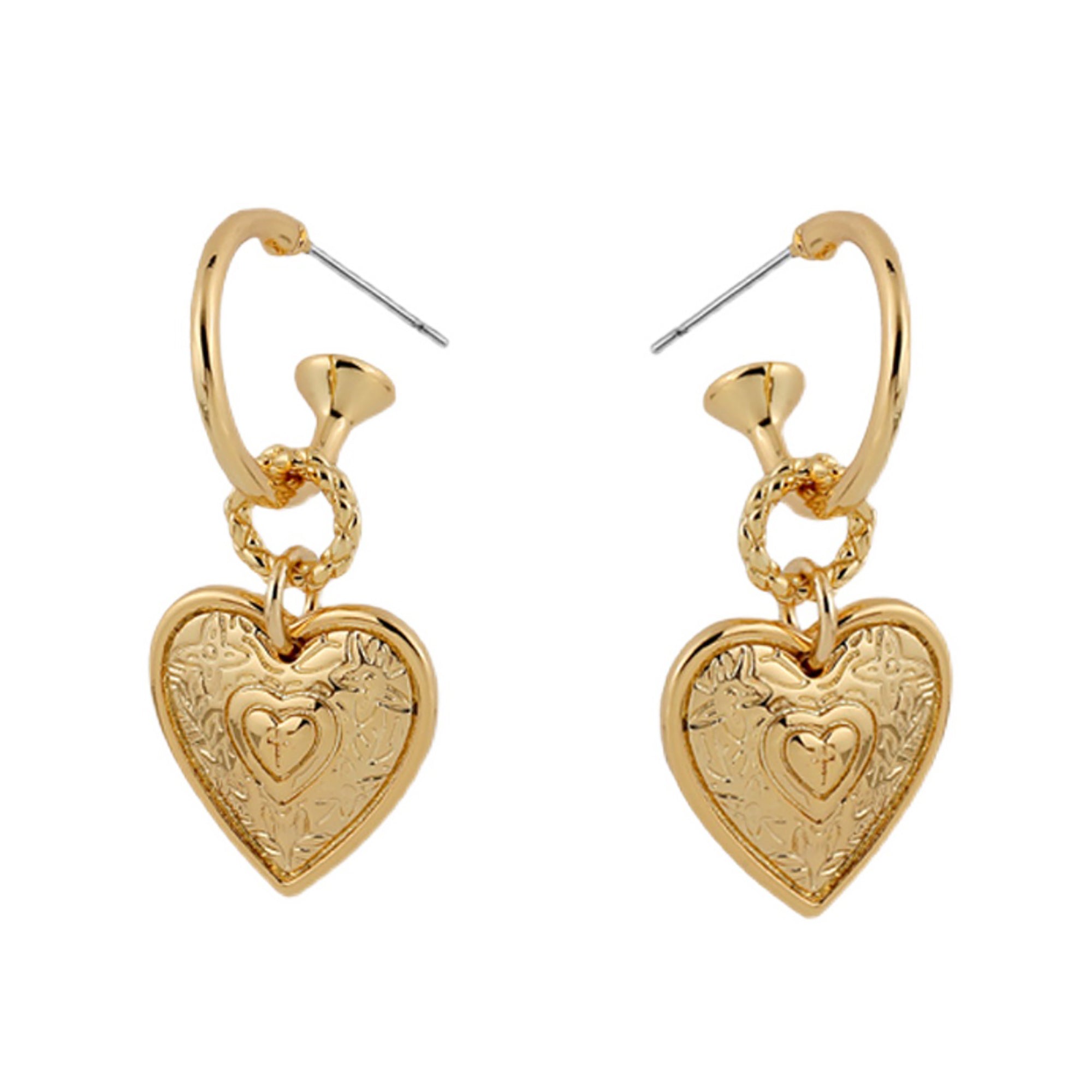 18K Gold Plated Vintage Heart Dangle Hoop Earrings