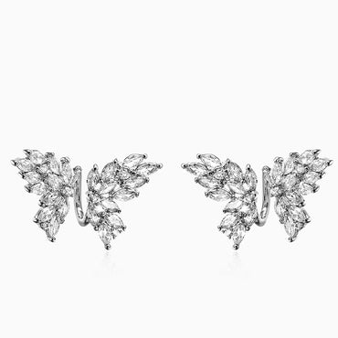 White Gold Plated CZ Butterfly Ear Cuff / Suspender Earrings