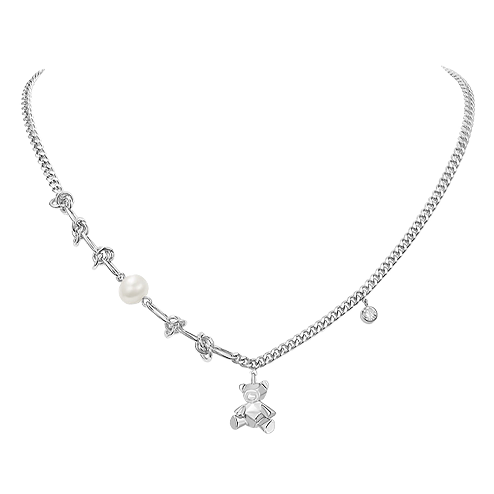 White Gold Plated Pearl CZ Bear Pendant Necklace