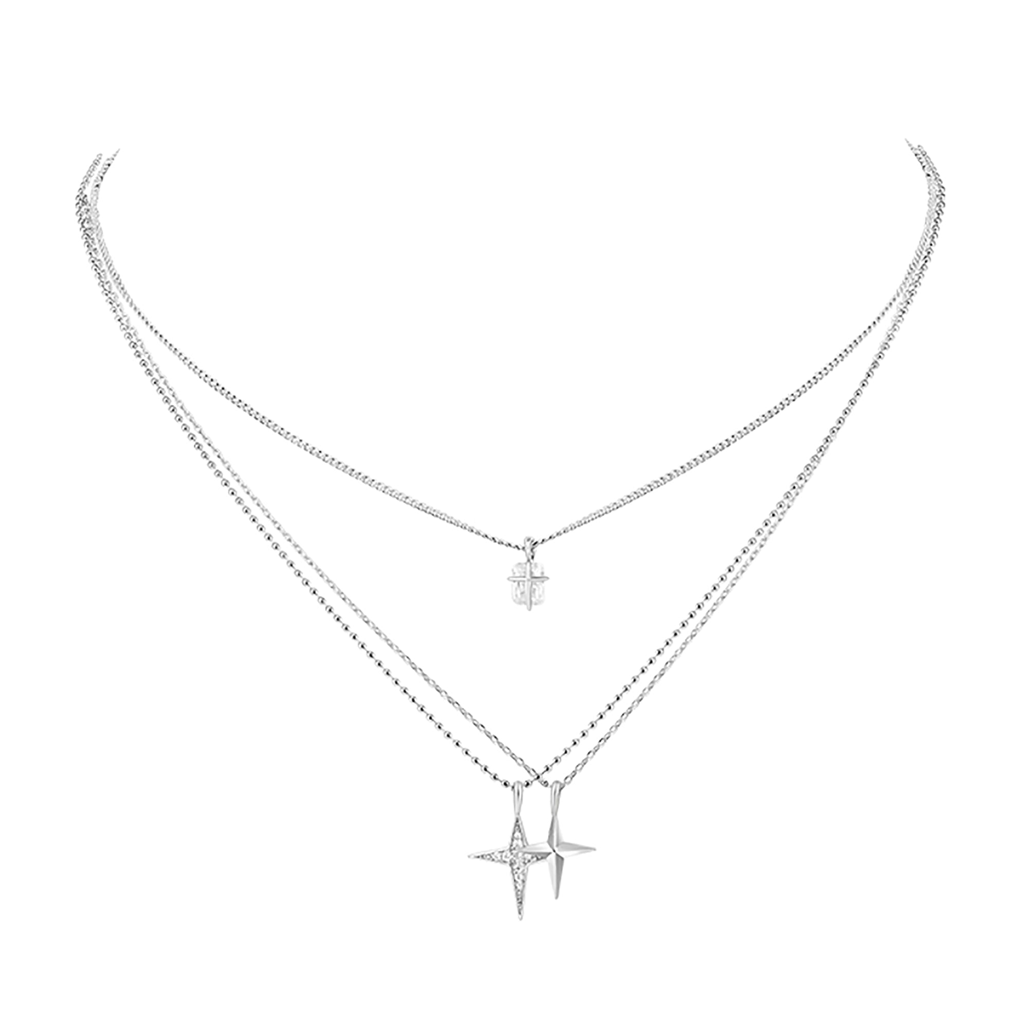 White Gold Plated Layered Cross Pendant Necklace