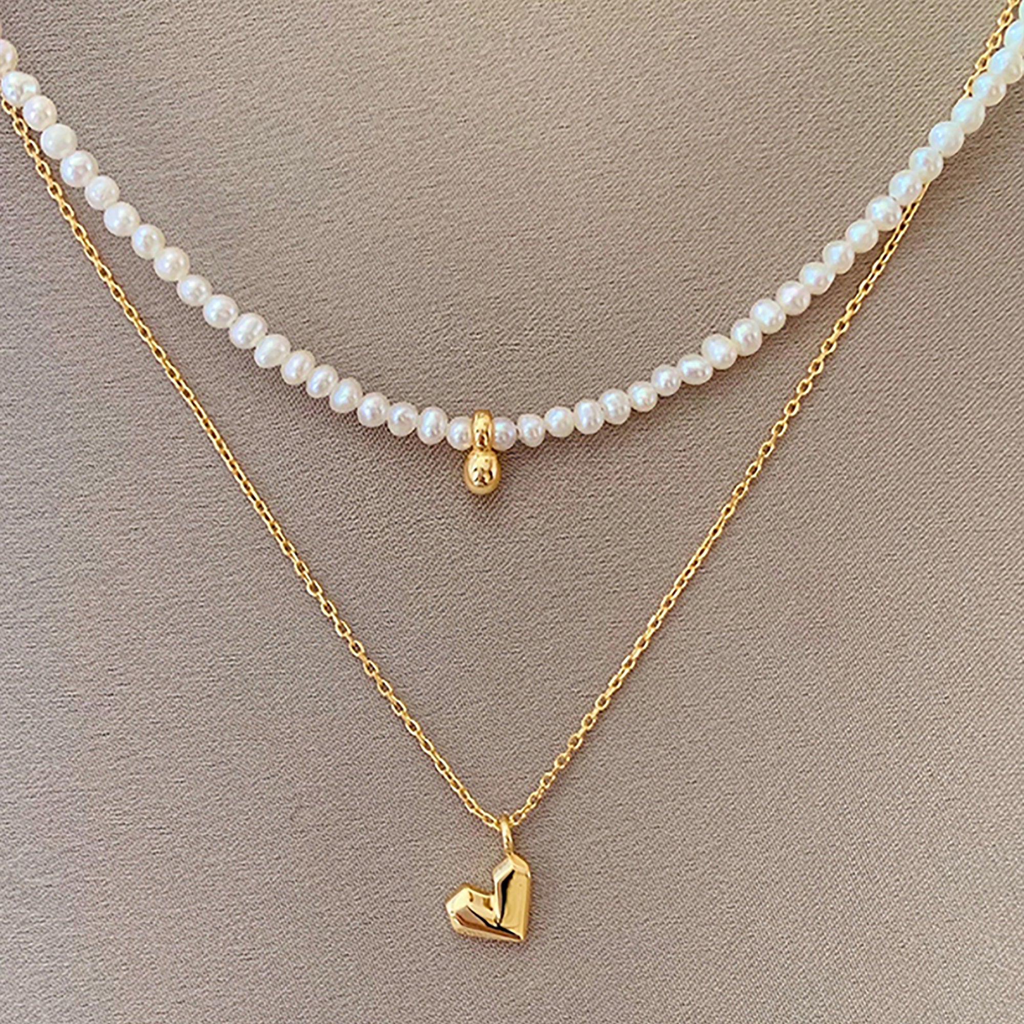 18K Gold Plated w/ Pearl Heart Pendant Layered Necklace Valentine Day Gift birthday party anniversary