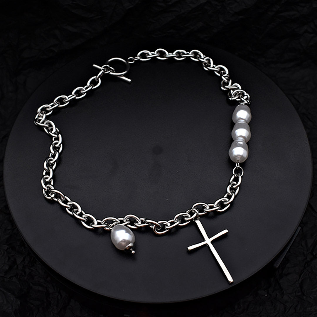 Stainless Steel 40cm w/ Cross Pearl Necklace