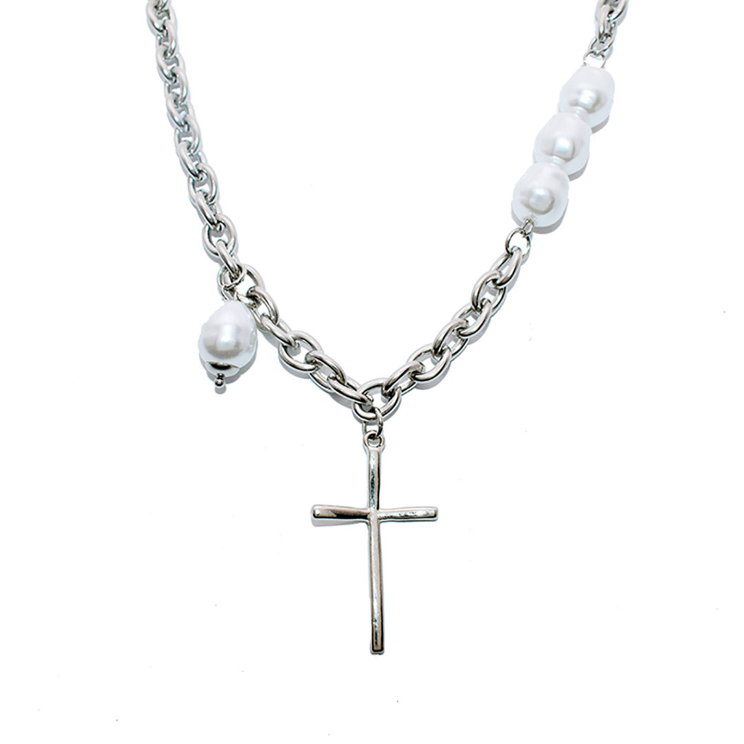 Stainless Steel 40cm w/ Cross Pearl Necklace