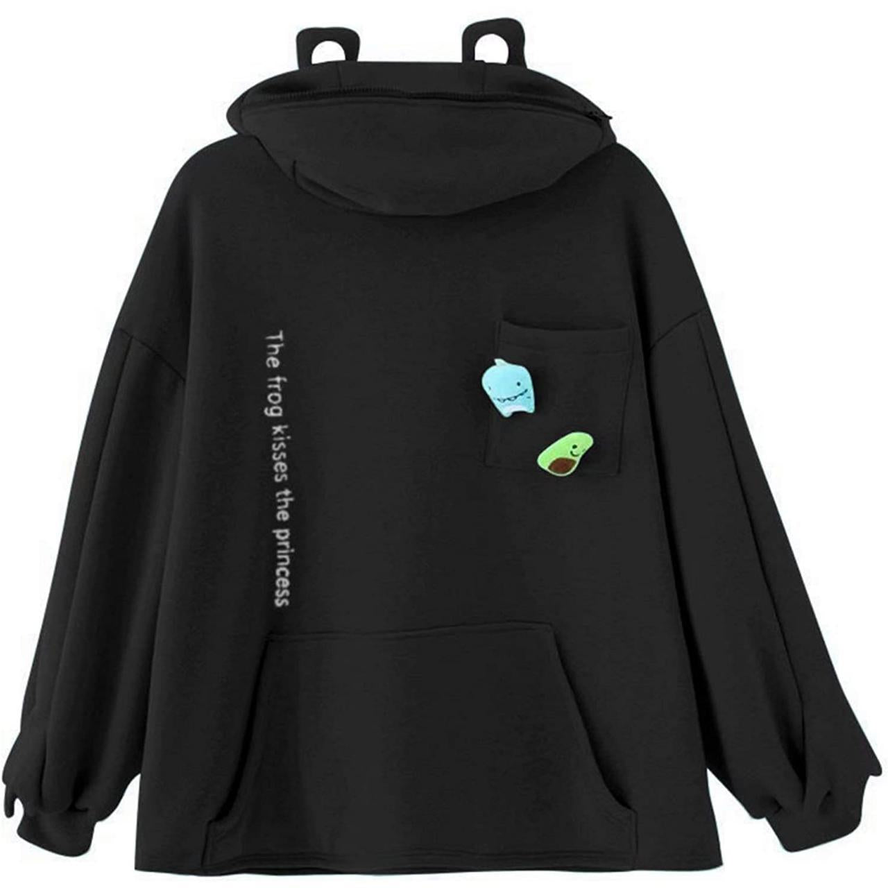 4 Colors (Black) Women Frog Hoodie Zipper Hooded Top Pullover Sweatshirt Casual Long Sleeve Top