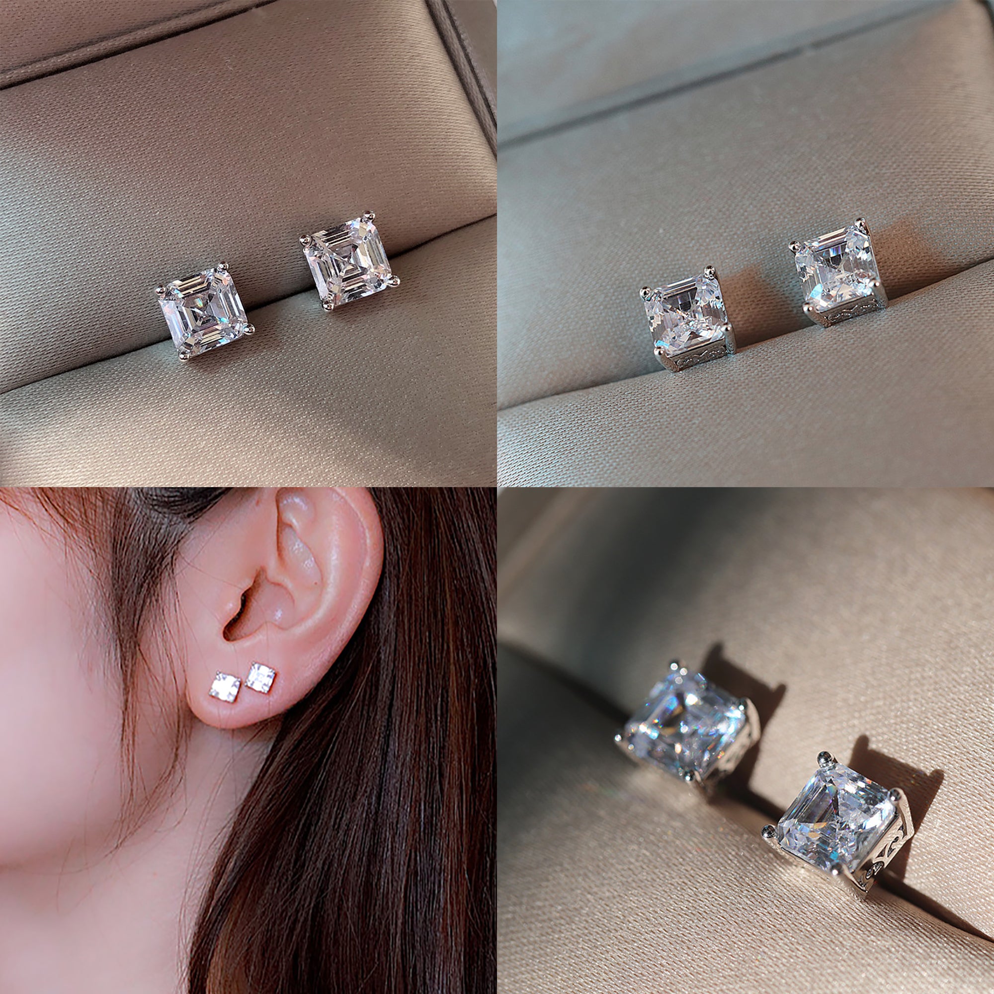 Princess Cut CZ Stud Earrings Adjustable gift valentine's Day Birthday anniversary KOL fashion