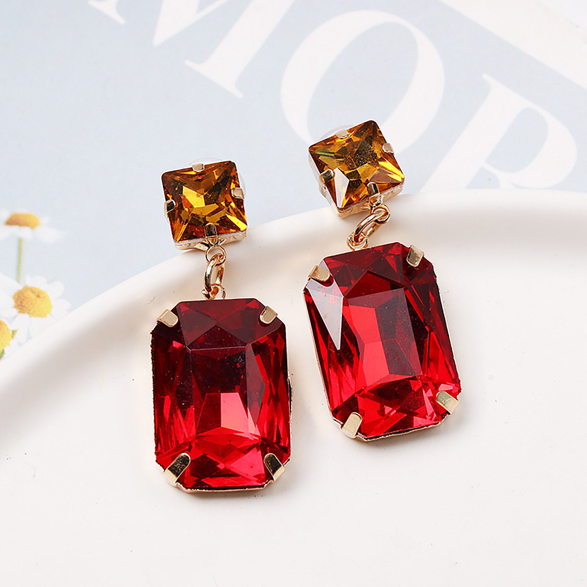 Gold Plated Square Jeweled Dangle Earrings Valentine Day Gift Mother's Day