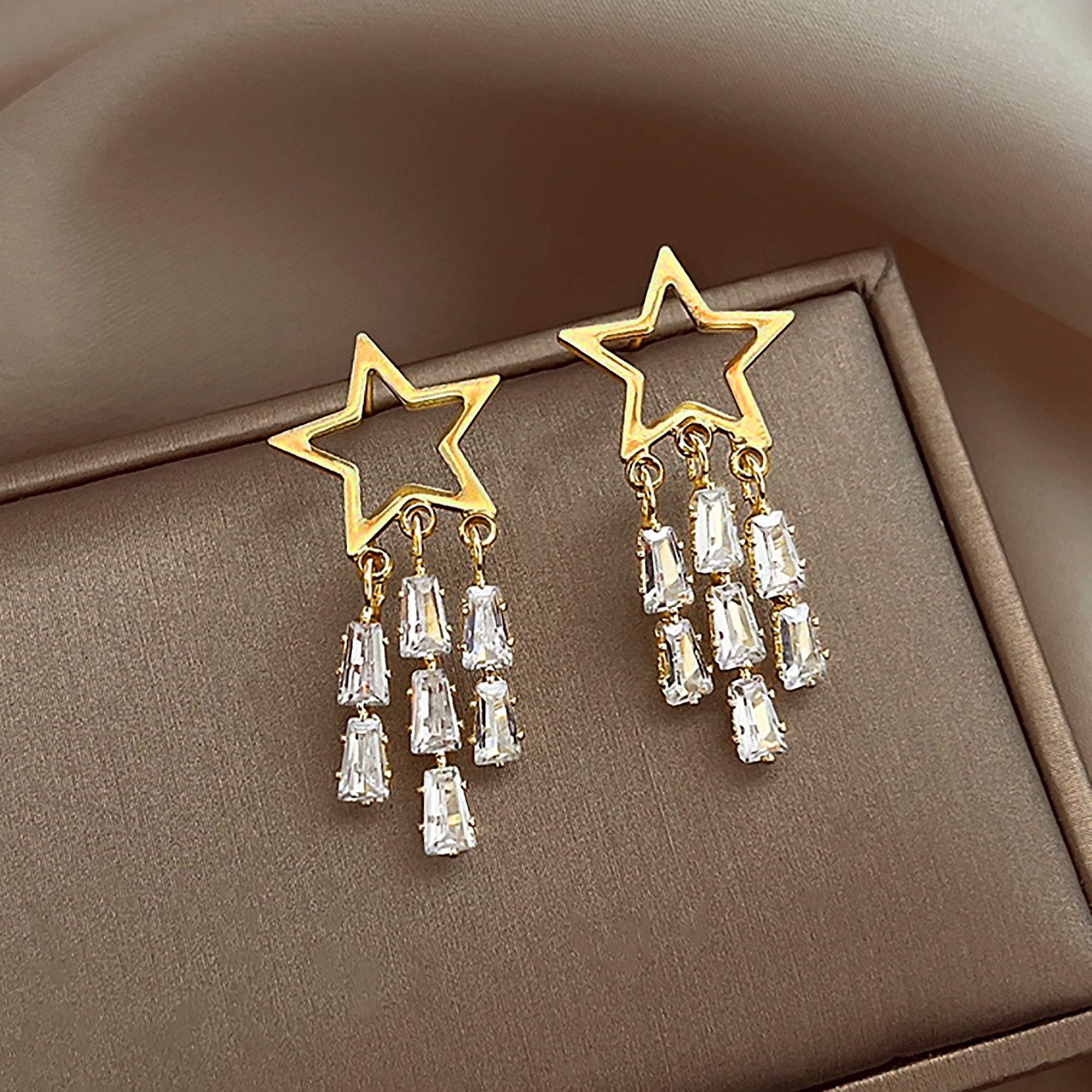 18K Gold Plated Star w/ CZ Tassel Earrings Valentine Day Gift Valentine Day Gift birthday party anniversary