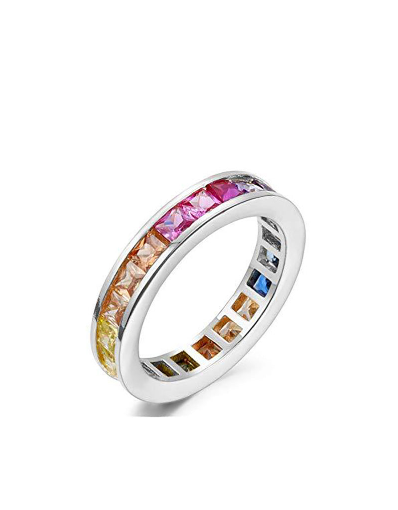Simple Multi-Color Emerald Cut Eternity Band CZ Ring