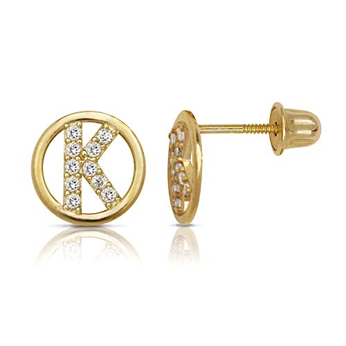 14K Gold Circle CZ Initial Sweirl Stud Earrings