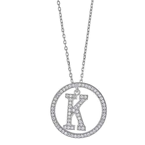 White Gold Plated Sterling Silver Circle CZ Initial Pendant Necklace