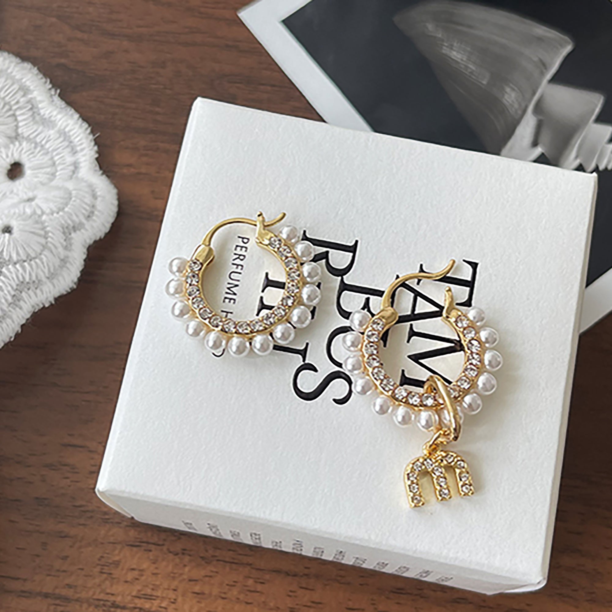 Handmade Gold Plated Pearl CZ Hoop w/ letter initial dangle Earrings Valentine Day Gift Mother's Day