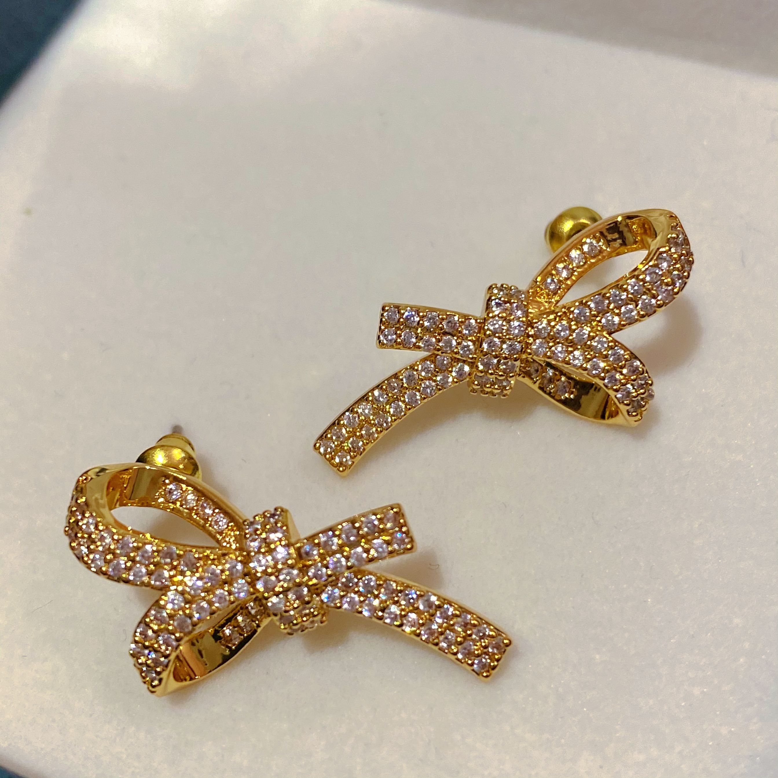 Gold Plated w/ CZ Bow Stud Earrings Valentine Day Gift Mother's Day