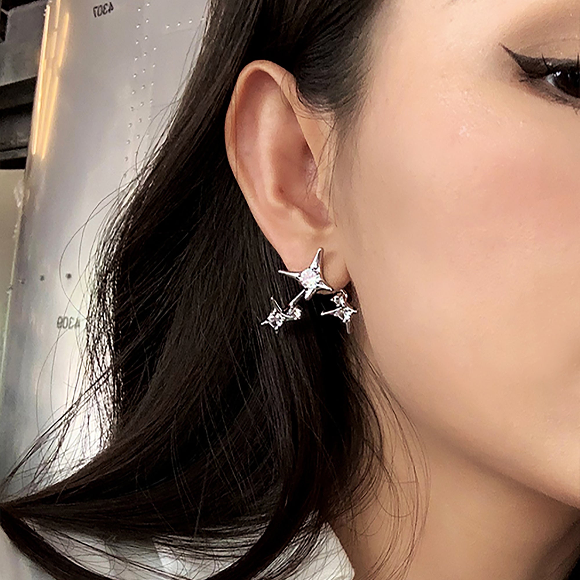 White Gold Plated w/ CZ Star Double Side Stud Earrings gift holiday