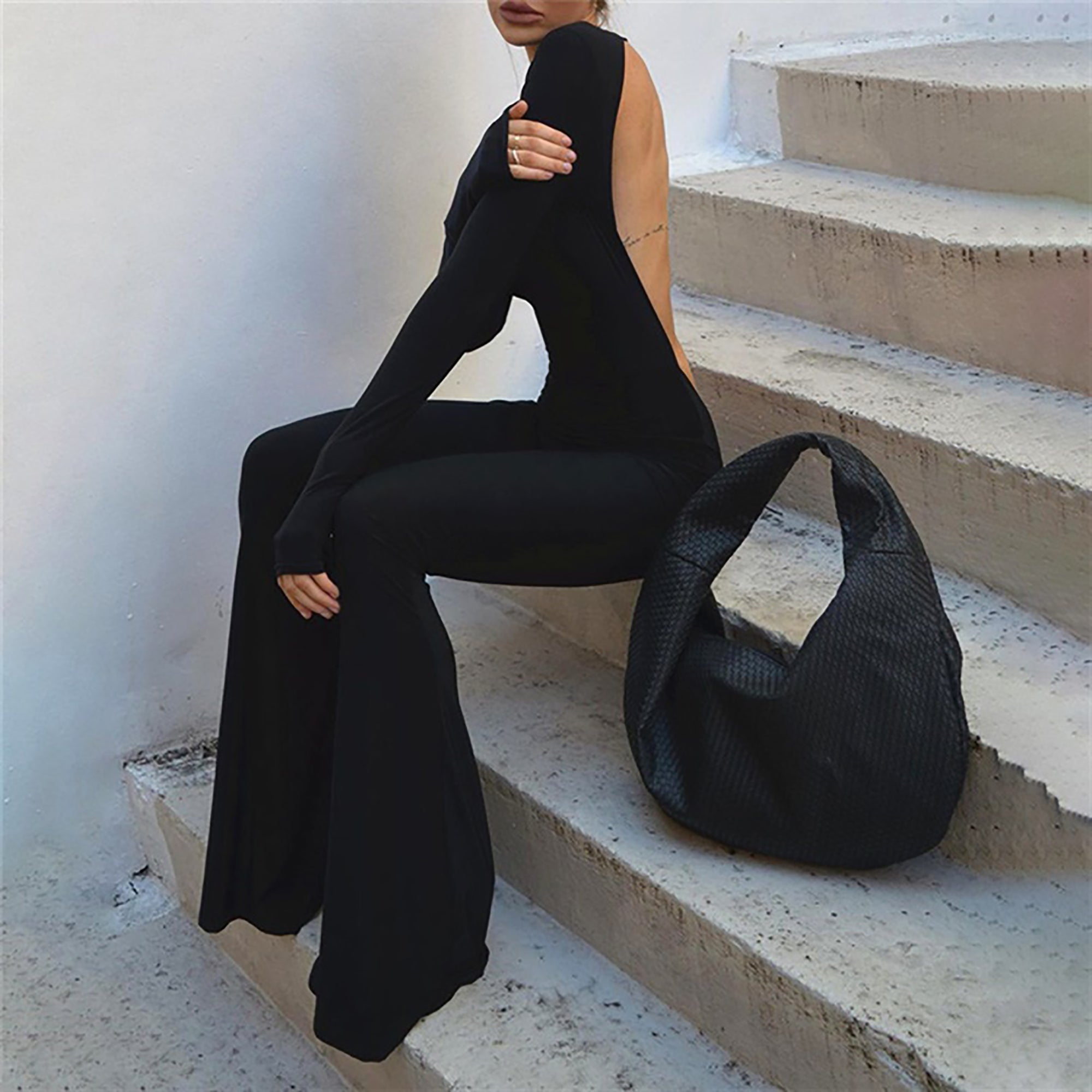Backless Romper Jumpsuit with Long Sleeves - Black
