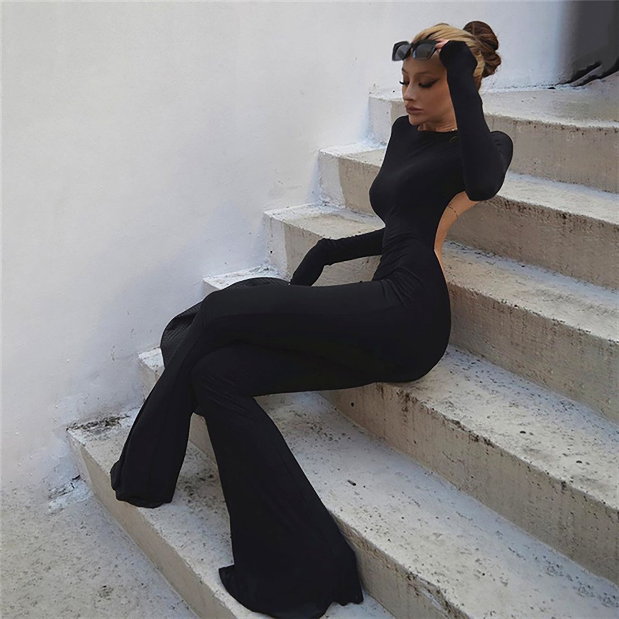 Backless Romper Jumpsuit with Long Sleeves - Black