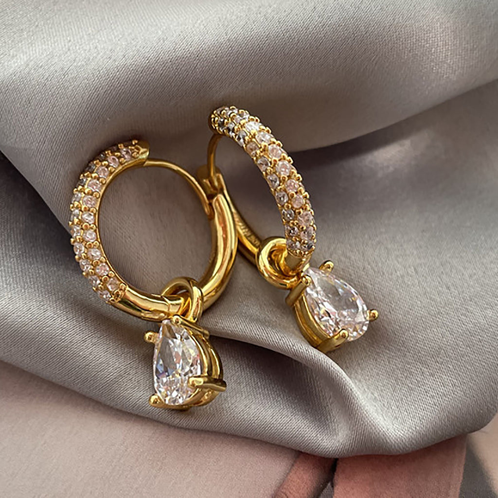 18K Gold Plated w/ CZ Dangle Hoop Earrings Gift wedding influencer styling KOL / Youtuber / Celebrity / Fashion Icon