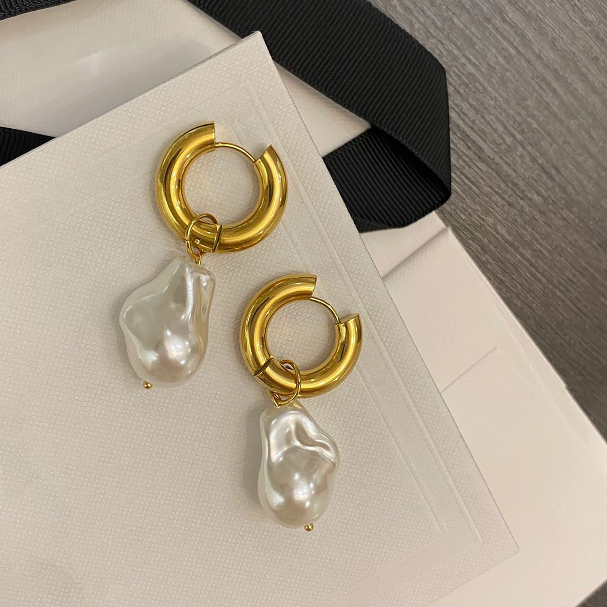 18K Gold Plated w/ Pearl Hoop Earrings Valentine Day Gift Mother's Day