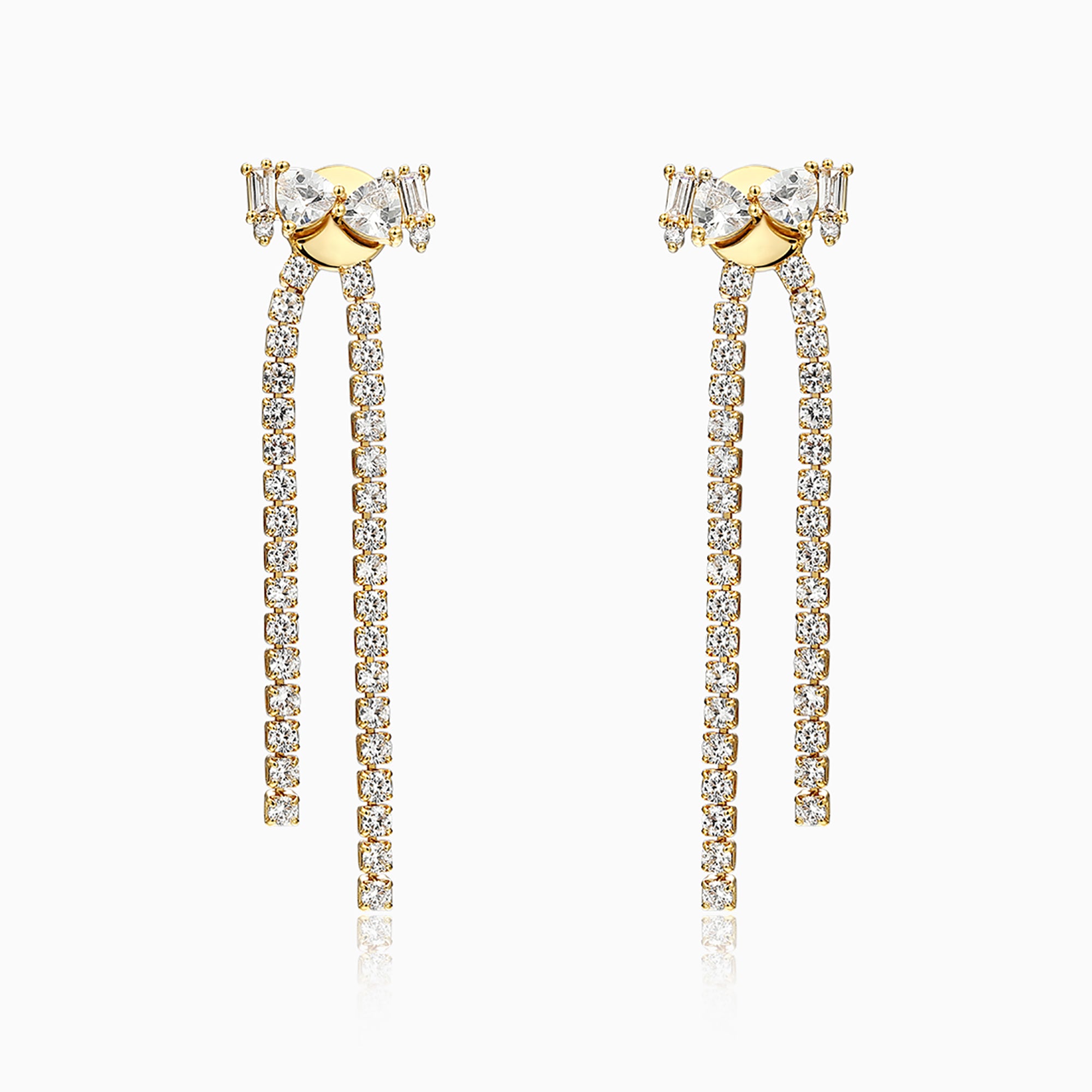 18K Gold Plated w/ Quality CZ Double Side Bow Link Fringe Earrings Valentine Day Gift