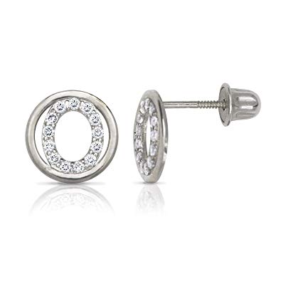 White Gold Circle CZ Initial Sweirl Stud Earrings