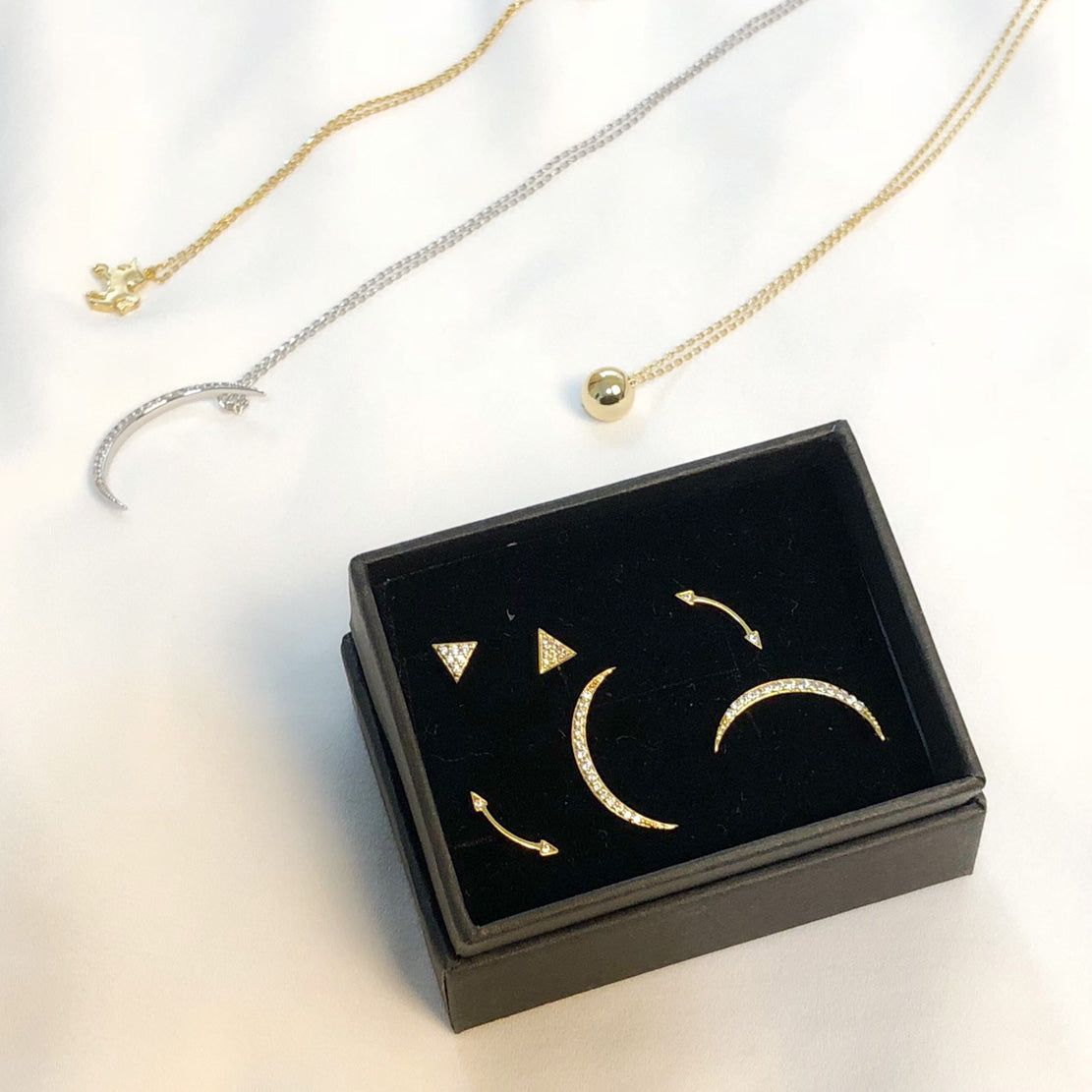 Gold Dipped w CZ Moon Pendant Necklace