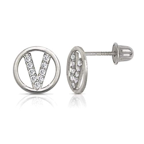 White Gold Circle CZ Initial Sweirl Stud Earrings