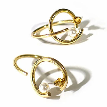 Gold Plated w/ Pearl Deco Hoop Earrings Valentine Day Gift birthday party anniversary