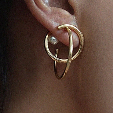Gold Plated w/ Pearl Deco Hoop Earrings Valentine Day Gift birthday party anniversary