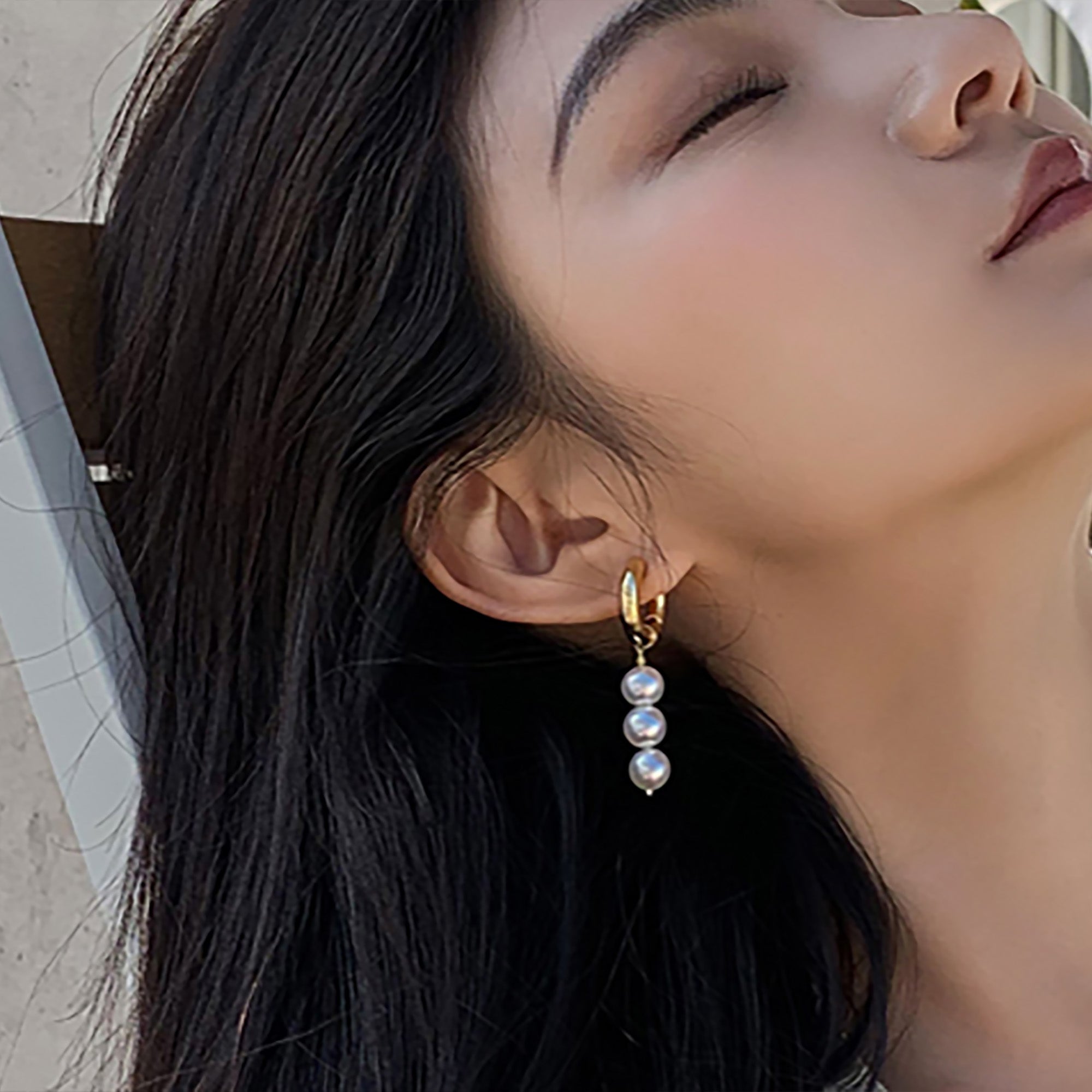 18K Gold Plated w/ Pearl Asymmetry Hoop Earrings