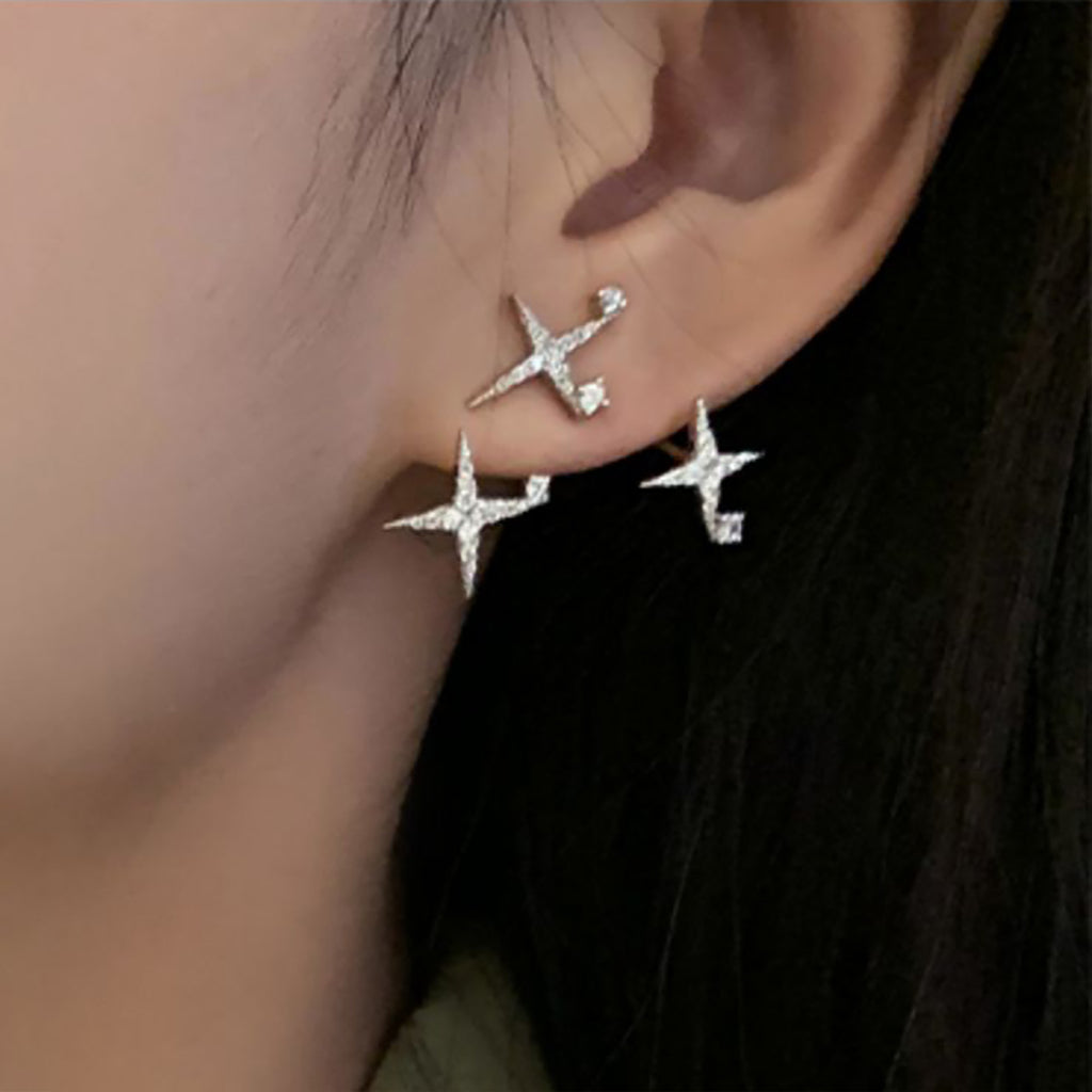 White Gold Plated w/ CZ Stars Double Side Earrings