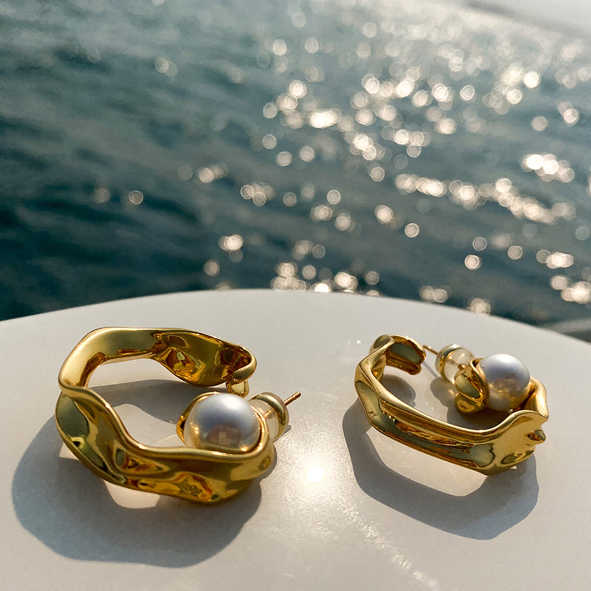 18K Gold Plated w/ Pearl Hoop Earrings