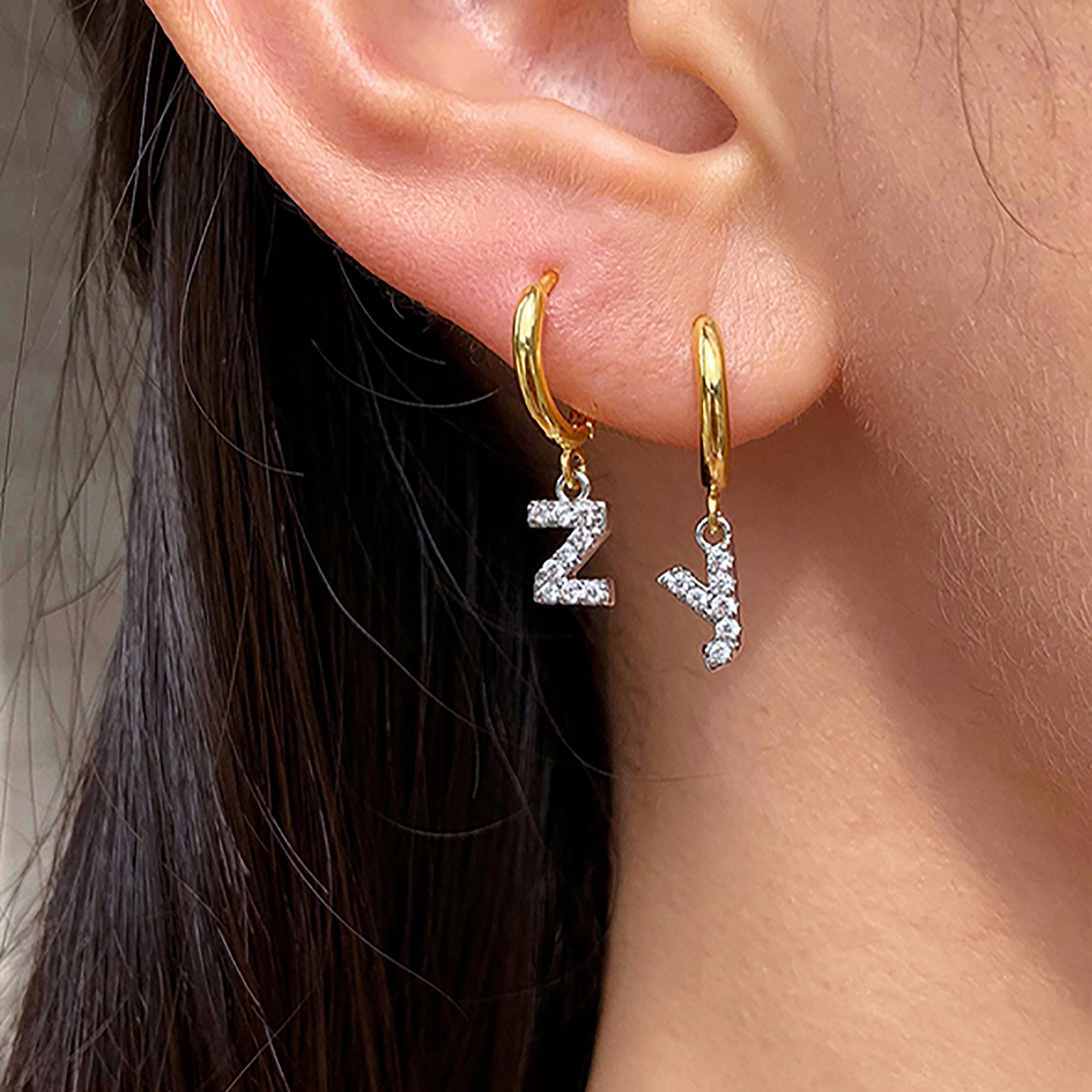 18K Gold Plated CZ initial Letter Hoop Earrings  Dangle