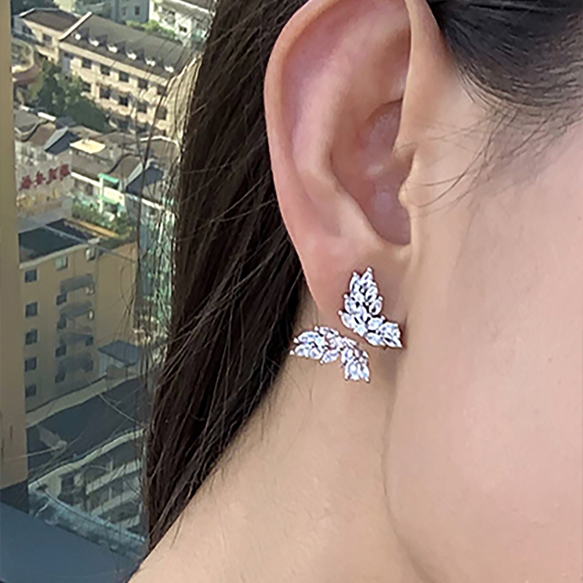 White Gold Plated CZ Butterfly Ear Cuff / Suspender Earrings