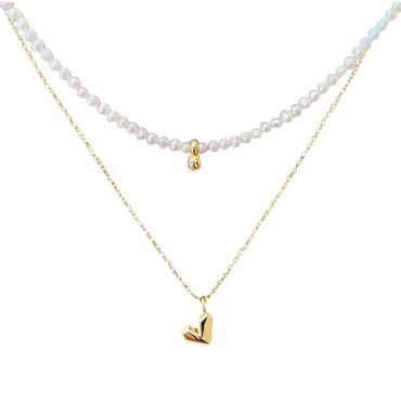 18K Gold Plated w/ Pearl Heart Pendant Layered Necklace Valentine Day Gift birthday party anniversary