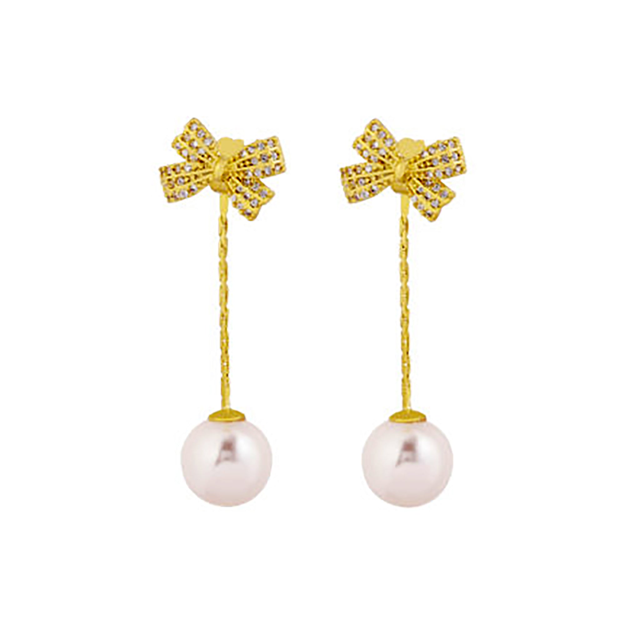 Gold Plated Pearl Dangle w/ CZ Bow Earrings